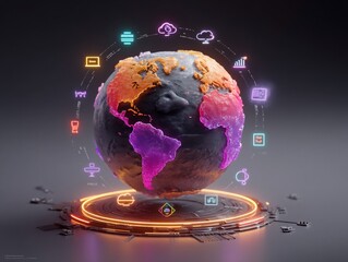 Digital Earth with Neon Icons Futuristic Technology Concept.