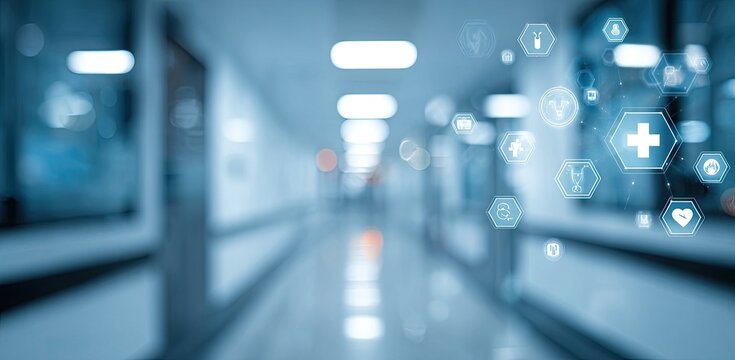 Blurred hospital hallway with medical icons