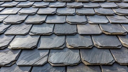 Close up view of weathered natural slate roof tiles showing textured surfaces and overlapping patterns