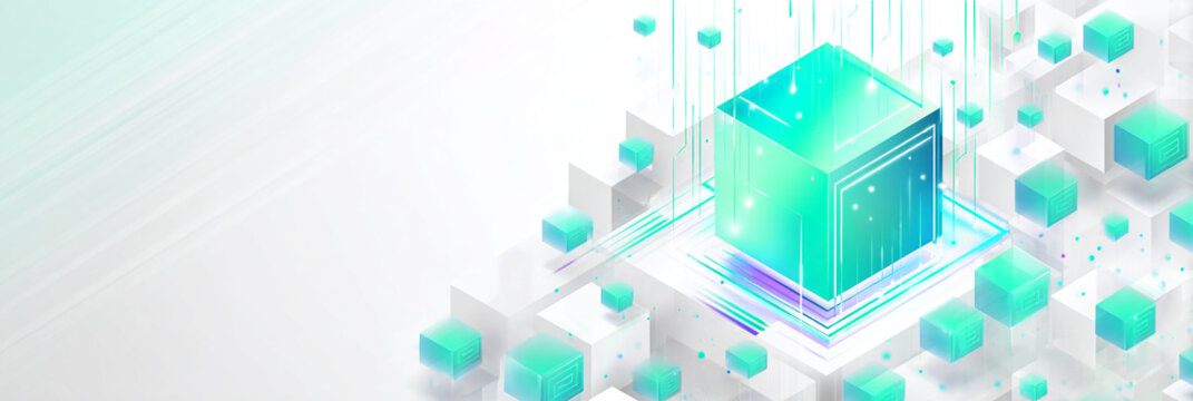 Estructura geom&eacute;trica abstracta con cubos brillantes y l&iacute;neas de datos conectadas en tonos verdes y blancos.