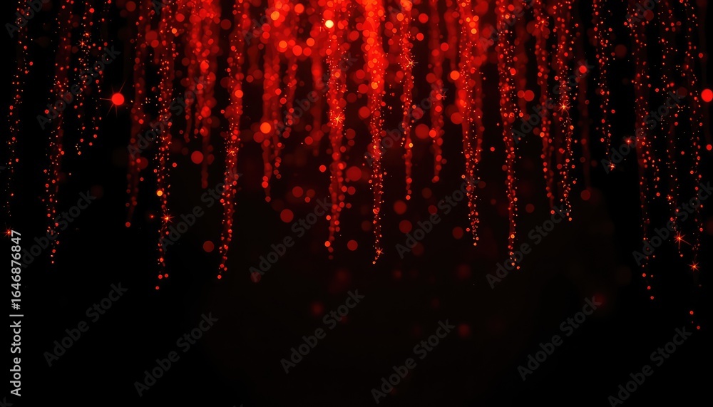 Poster cascading red glitter, sparkling light strands, and soft blurry bokeh create a festive and elegant d