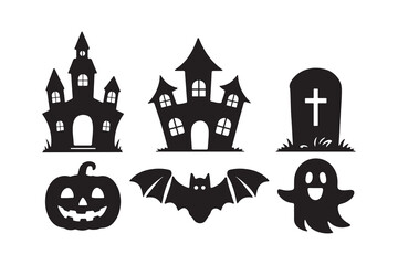 halloween silhouette icons include haunted house ghost bat pumpkin tombstone perfect for spooky festive design and seasonal decoration projects