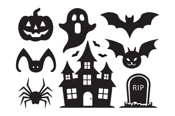 halloween silhouette icons include haunted house ghost bat pumpkin spider tombstone perfect for spooky festive design and seasonal decoration