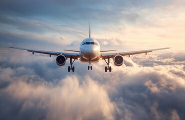 Obraz premium Airplane soaring above clouds at sunset (3)