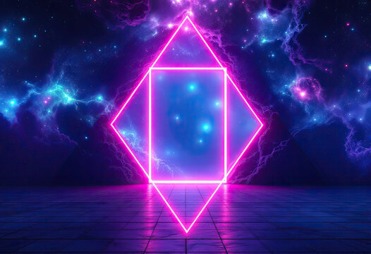Neon Geometric Shape Glowing Pink and Blue in Space Background with Reflective Floor - Powered by Adobe