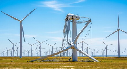 Fototapeta premium A broken wind turbine with snapped blades lies in a field, contrasting with the many other functional turbines around it