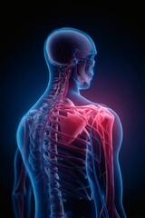 3D rendered illustration of the human body showing an X-ray of the spine and various anatomical structures