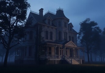 Halloween day, an old, spooky victorian haunted mansion stands ominously in a dark, foggy forest at night