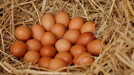 Collection of freshly laid brown eggs nestled in a rustic straw nest during early morning light on a farm in a rural area