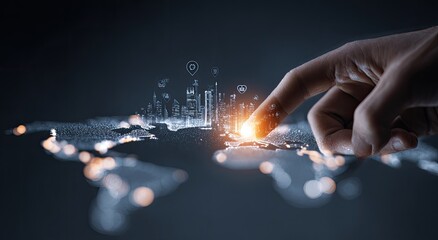 Hand touching a holographic city on a world map