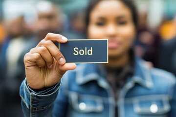 Person Holding Sold Sign in Front of House Symbolizing Successful Real Estate Transaction