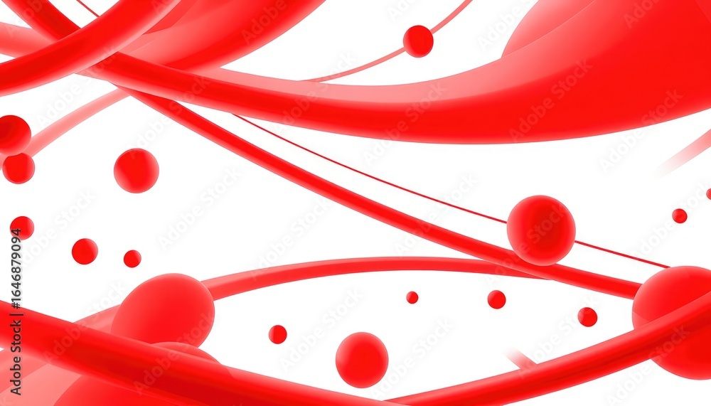 Poster abstract flowing forms and spherical elements in a vibrant shade of red against a stark white backdr
