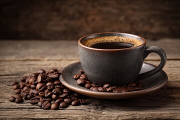 Fototapeta premium Dark coffee cup and beans on weathered wood