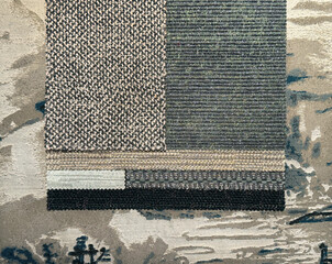 Random graphic background design of fabric samples. In shades of grey, black, beige, and blue color. Suitable for wallpaper, fabric, painting, and other finishes. Seamless background texture.