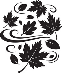 Silhouette of autumn leaves swirling in the wind, seasonal fall foliage design, nature-inspired decorative black illustration

