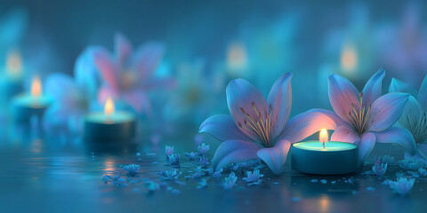 Velas encendidas y flores de lirio en tonos azules para un ambiente de spa y relajación. © Hmen