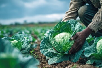 Farmer examining cabbage in agricultural field