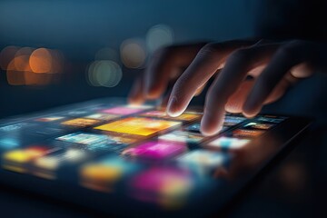 Hands interacting with a tablet screen at night