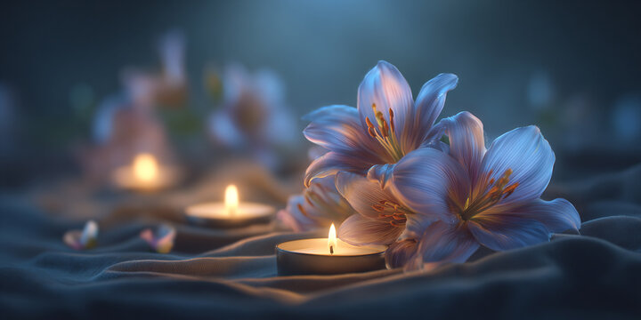 Flores delicadas y velas encendidas en un ambiente sereno y oscuro, evocando paz y tranquilidad.