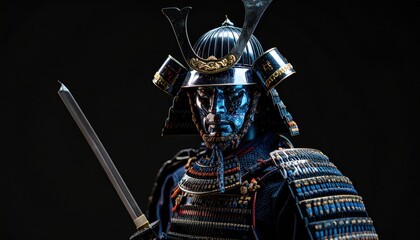 Naklejka premium Japanese Samurai Warrior in Armor with Black Background.