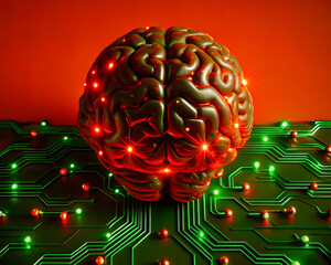 Artificial Intelligence Brain on Circuit Board with Glowing Lights Representing Neural Networks and Data Flow in a Technological Environment on Red Background