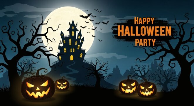 Halloween day, happy halloween party with spooky haunted house, glowing pumpkins, and full moon on a dark, eerie night with silhouetted trees and flying bats - Powered by Adobe