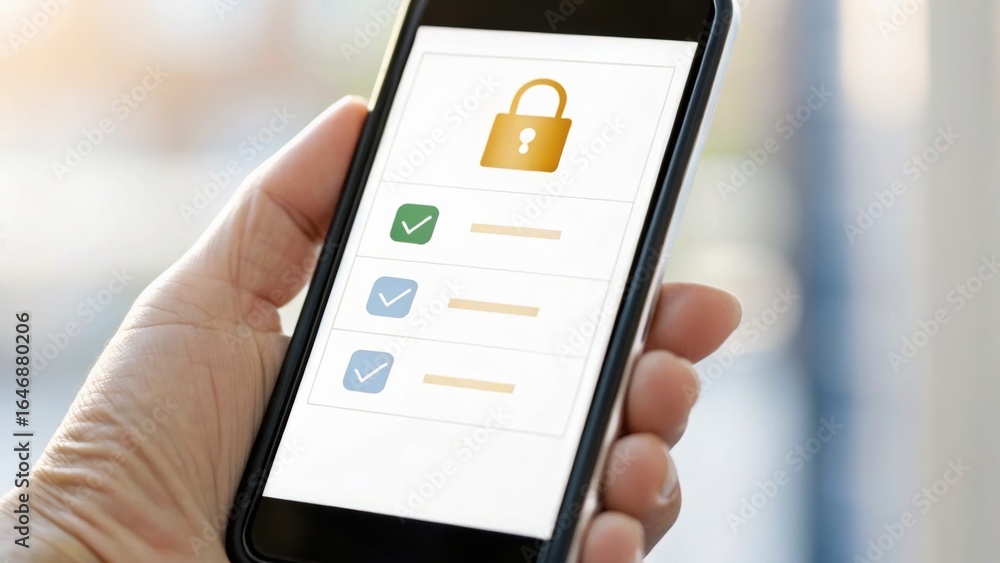 Poster a hand holds a smartphone displaying a security check screen with a lock icon and checkboxes for use