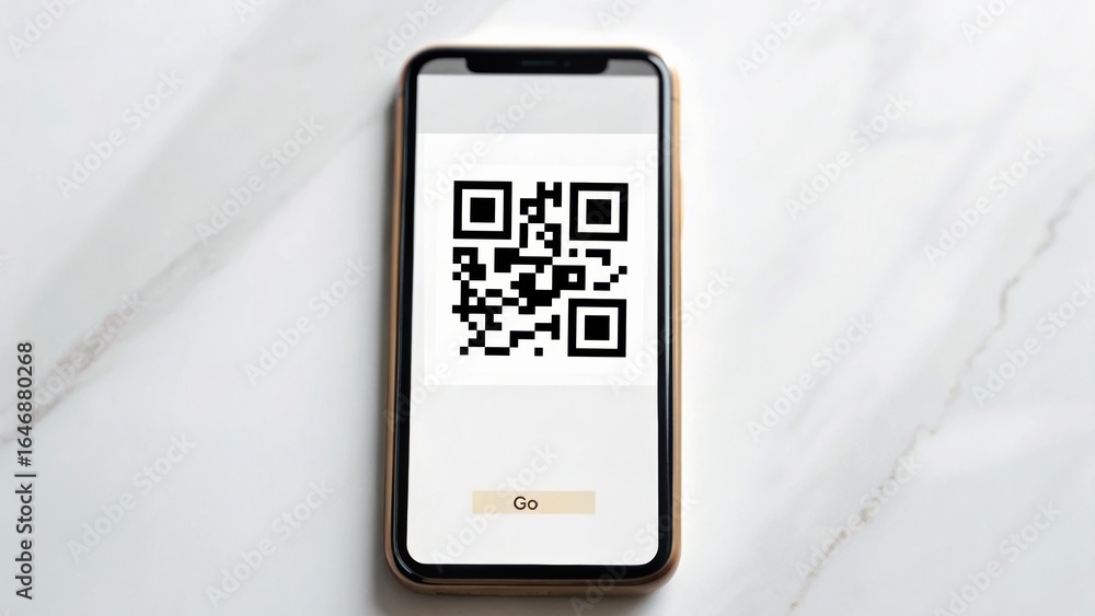 Poster a smartphone displaying a qr code on a marble surface, highlighting modern technology and digital in
