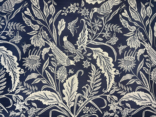 Random abstract blue and white flower and leaves illustration. Floral and foliage theme in random abstract concept. For wallpaper, fabric, and upholstery curtain. Illustration seamless background text © TMR Studio