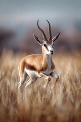 A wild impala buck with large horns grazes on the savannah