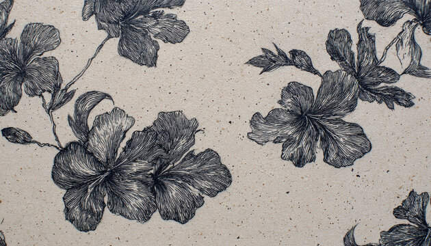 Patr&oacute;n de flores de hibisco dibujadas a mano en estilo boceto sobre fondo texturizado.