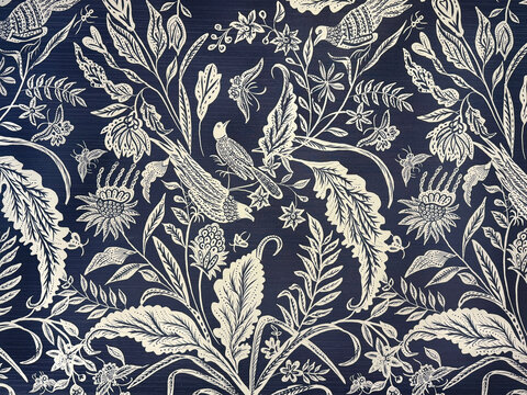 Random abstract blue and white flower and leaves illustration. Floral and foliage theme in random abstract concept. For wallpaper, fabric, and upholstery curtain. Illustration seamless background text