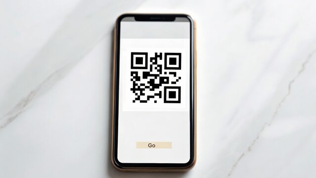 A smartphone displaying a QR code on a marble surface, highlighting modern technology and digital interaction.