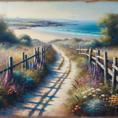 Obraz premium Idyllic Seaside Walkway Surrounded by Greenery and Colorful Flowers Leading to the Ocean 