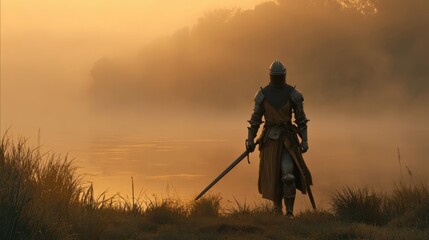 A knight in armor walks along the shore of a tranquil lake during sunrise. The mist rises from the water, creating a serene atmosphere while the sun casts a golden glow over the scene