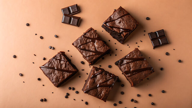 Decadent chocolate brownies drizzled with rich chocolate sauce on a warm brown background