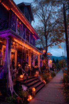 Blurred background streets and houses decorated for Halloween with pumpkins and spooky decorations, eerie atmosphere. Concept of Halloween celebration, autumn festivity, and seasonal decor.