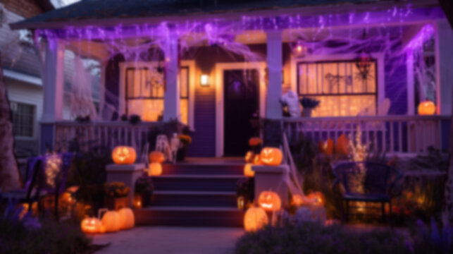 Blurred background streets and houses decorated for Halloween with pumpkins and spooky decorations, eerie atmosphere. Concept of Halloween celebration, autumn festivity, and seasonal decor.