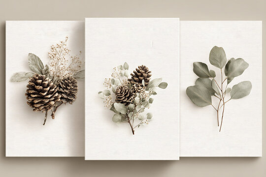 Tr&iacute;ptico decorativo con pi&ntilde;as y ramas de eucalipto sobre fondo claro, estilo minimalista y natural.