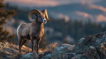 Obraz premium A bighorn sheep stands confidently on a rocky outcrop, showcasing its impressive curled horns. The sun sets behind distant mountains, casting a warm glow on the scene