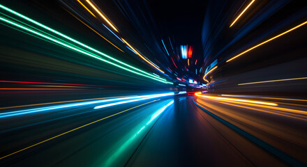 Fototapeta premium Motion in Transit: An abstract depiction of transportation, vibrant streaks of light weave through an illuminated tunnel. Evoking a sense of speed and the electric energy of movement.