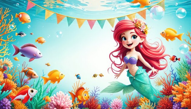 A cheerful mermaid swims in a vibrant underwater scene filled with colorful coral, tropical fish, and a festive banner - Powered by Adobe