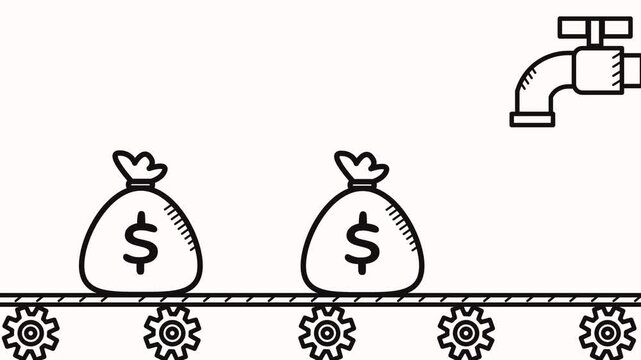 Looping whiteboard animation of a faucet releasing dollar money bags continuously. Perfect for business, finance, investment, and passive income themed projects.