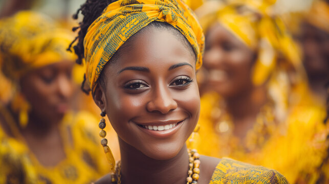 Garifuna Settlement Day Portrait of Beautiful Woman in Yellow Traditional Dress Smiling During Heritage Festival in Belize