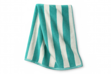 Striped turquoise beach towel hanging against transparent background, representing summer leisure and clean design aesthetic