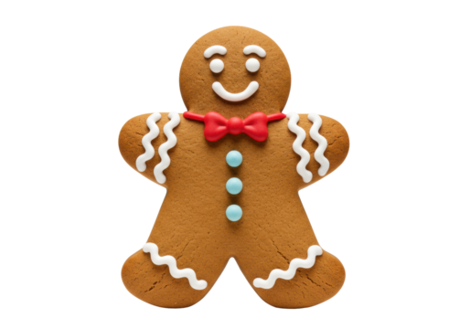 Classic gingerbread man cookie, perfectly decorated with white icing and red bow tie, against a transparent studio background, festive celebration - Powered by Adobe