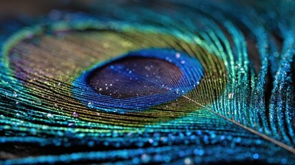 A peacock feather showcases a mesmerizing array of colors and patterns, highlighted by intricate lines and shimmering details under soft natural light in a close-up perspective