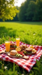 A checkered blanket spread on a sunny meadow, overflowing with a delightful array of picnic food and refreshing drinks, perfect for a summer's day , grass, rural, carefree