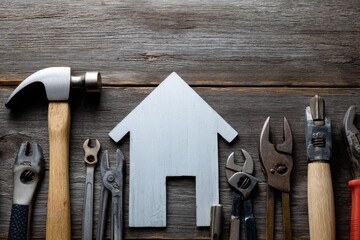 Tools and house symbol on wood