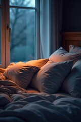 Cozy Nighttime Bedroom Scene Two Pillows Nestled Together in Soft, Warm Light, Ideal for Sleep, Intimacy, and Relaxation Articles
